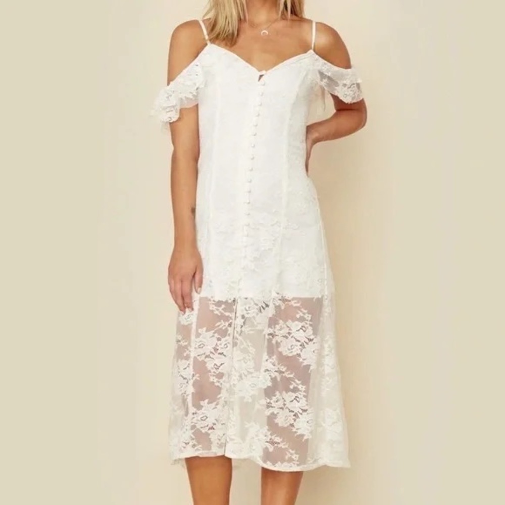 MAJORELLE White Lace Cold-Shoulder Midi Dress